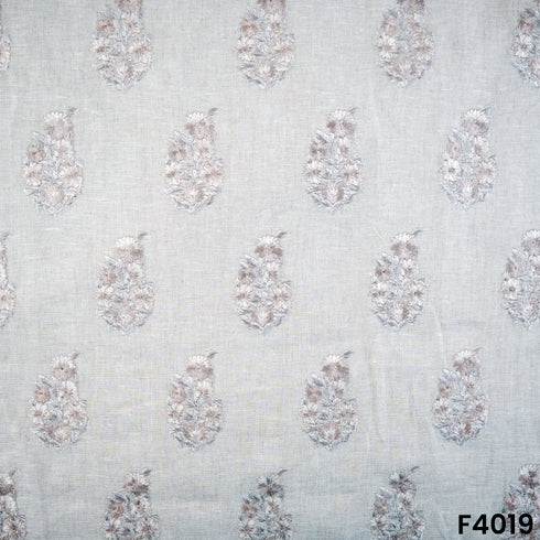 Thread Embroidered Pure Linen Cotton Fabric- F4019